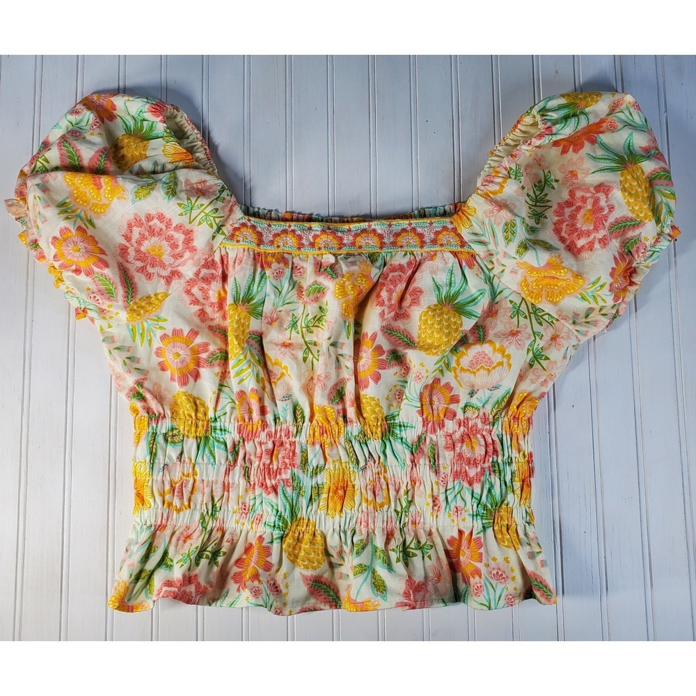 Rachel Zoe Puff Sleeve Milkmaid Top Size 8 Pineapple Floral Embroidered Coquette